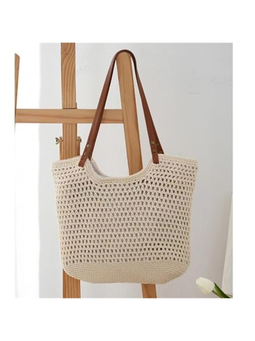 Crochet Beach Tote Bag for Vacation,Bohemian Cotton Hobo Shoulder Beach Bag - Picture 7 of 7
